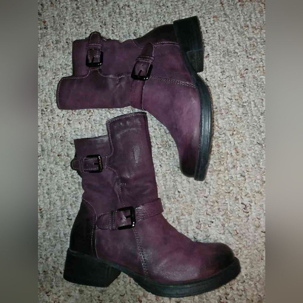 Women's Mid-Calf Buckle Combat Boots in Plum